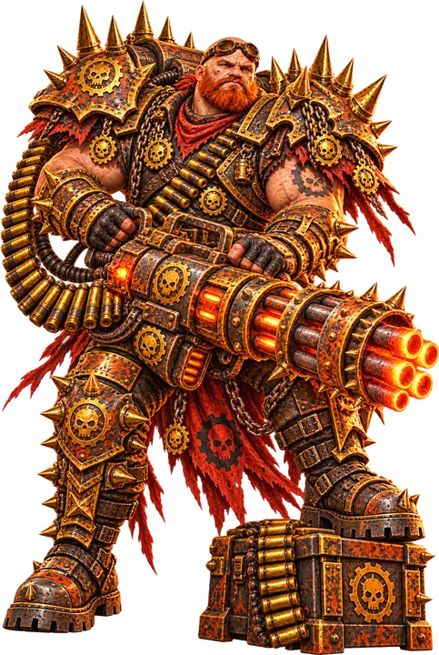 Tank Brennan of the Rust Riders in spiked armour with a huge minigun.