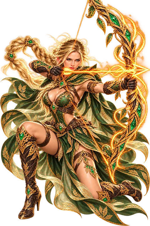 Lena of the Grave Wardens drawing a glowing long bow.