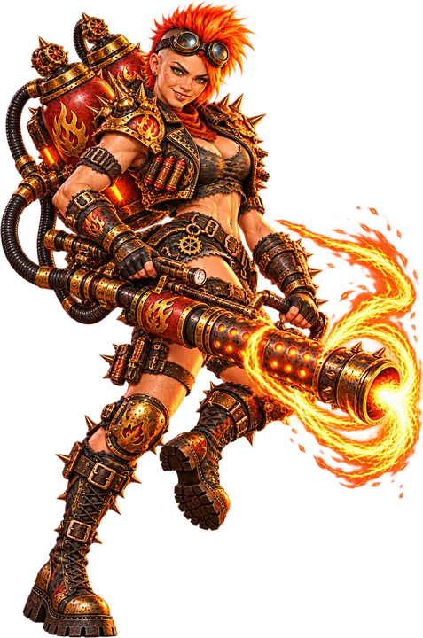 Moxie of the Rust Riders with her flamethrower.