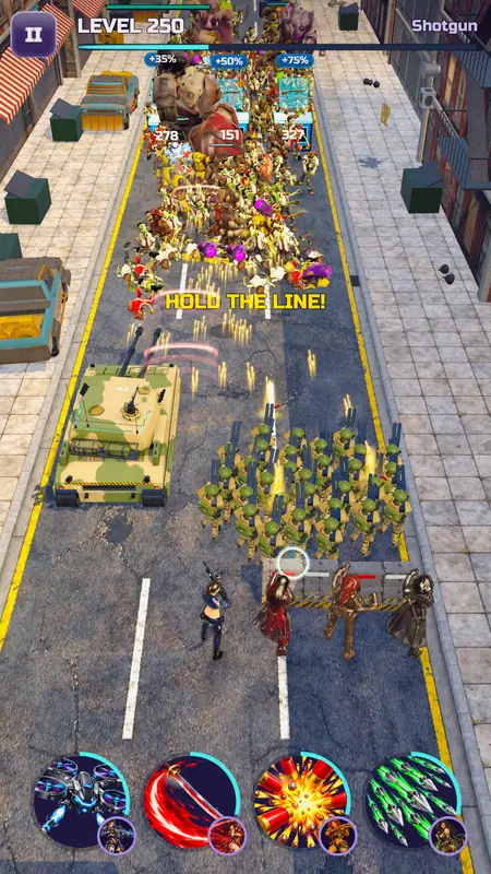 The squad and a tank fight a giant horde on a city road, with four commander power buttons.