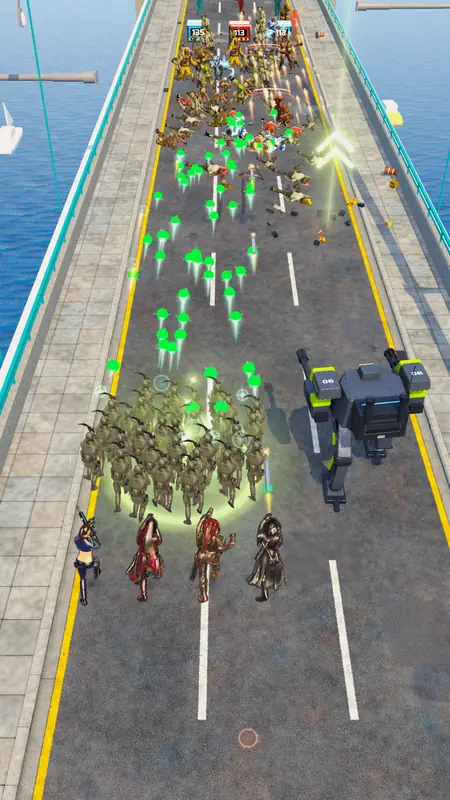 A battle mech and the squad push through glowing zombies on a harbour bridge.