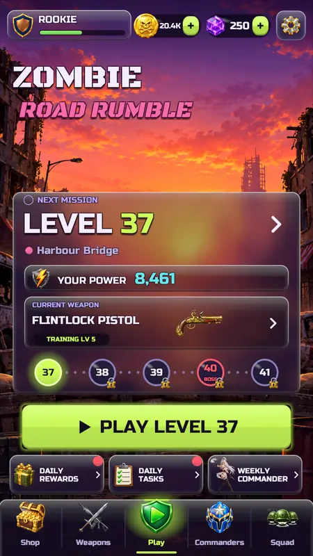 The home screen with the next level, your power, your weapon and a big Play button.