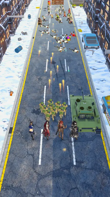 A tank and the squad hold a snowy city street against a crowd of zombies.