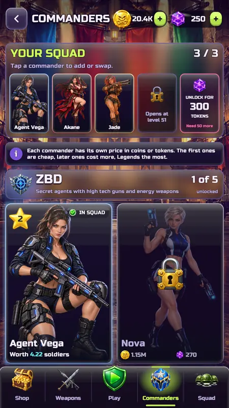 The commanders screen with your squad of three and the ZBD team.