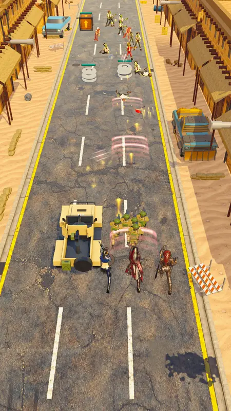 An armoured jeep rolls with the squad down a desert road full of zombies.