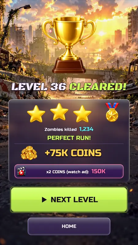 A level cleared screen with three stars, a trophy and a coin reward.